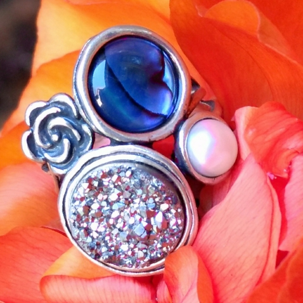 Vintage Sterling Silver Kyanite & Pearl Modern Abstract Ring- 7